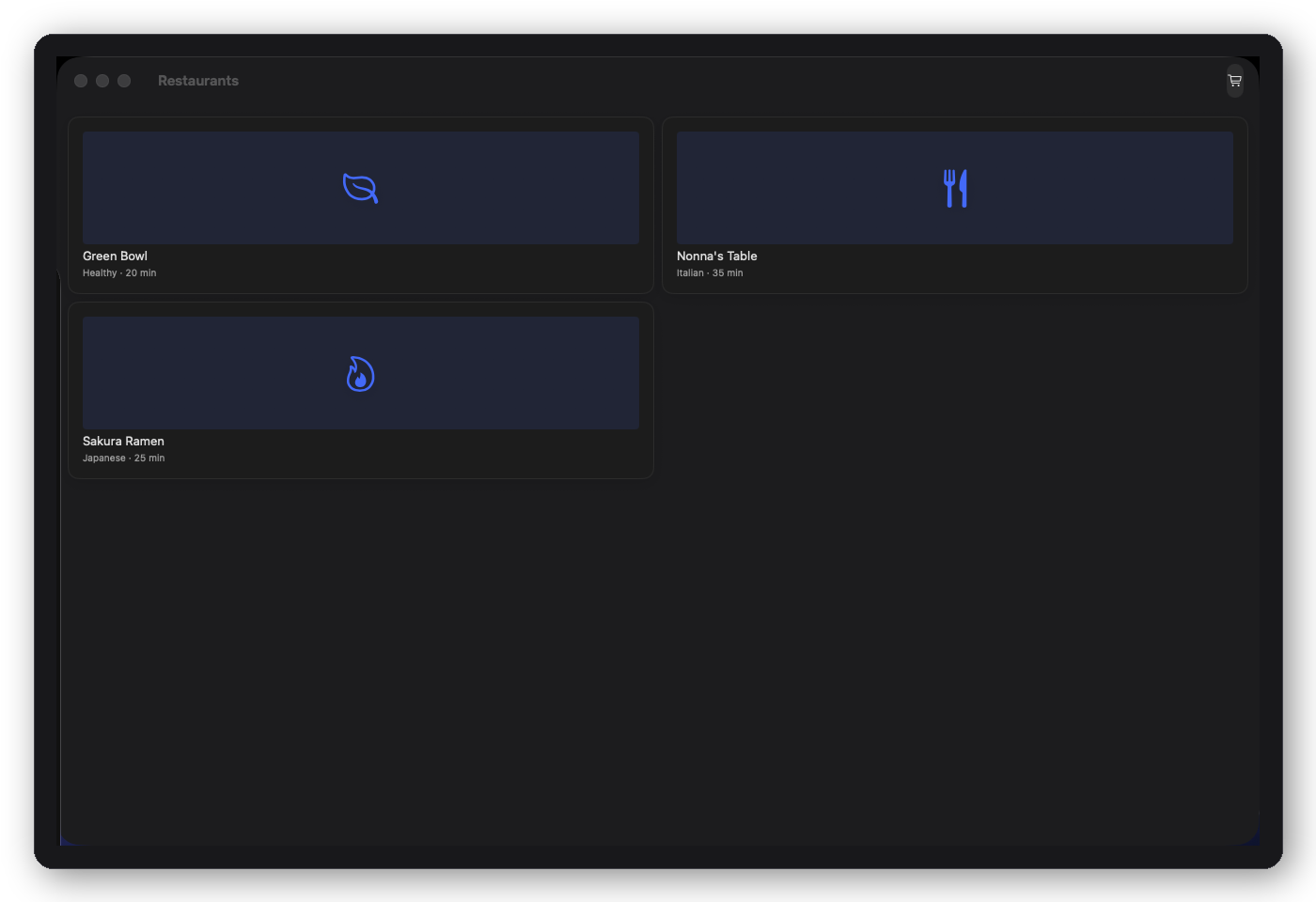 DFFoodRootView — restaurant home, menu, and item detail