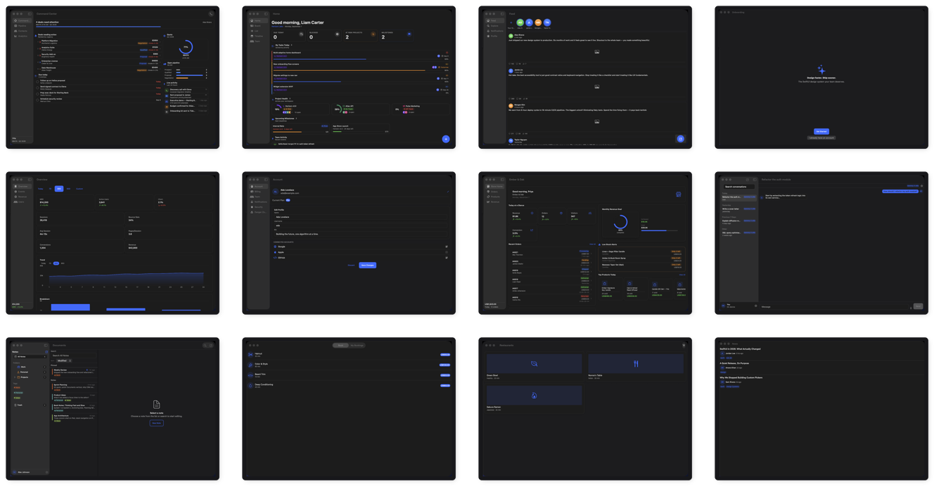 A strip of DesignFoundation Pro composition examples — fully wired reference apps