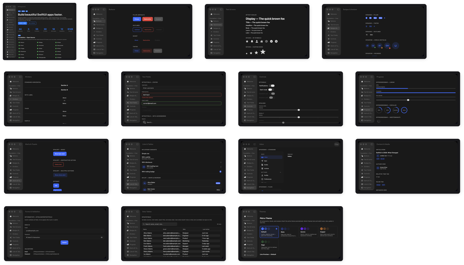 DesignFoundation component gallery — all 15 Foundation screens