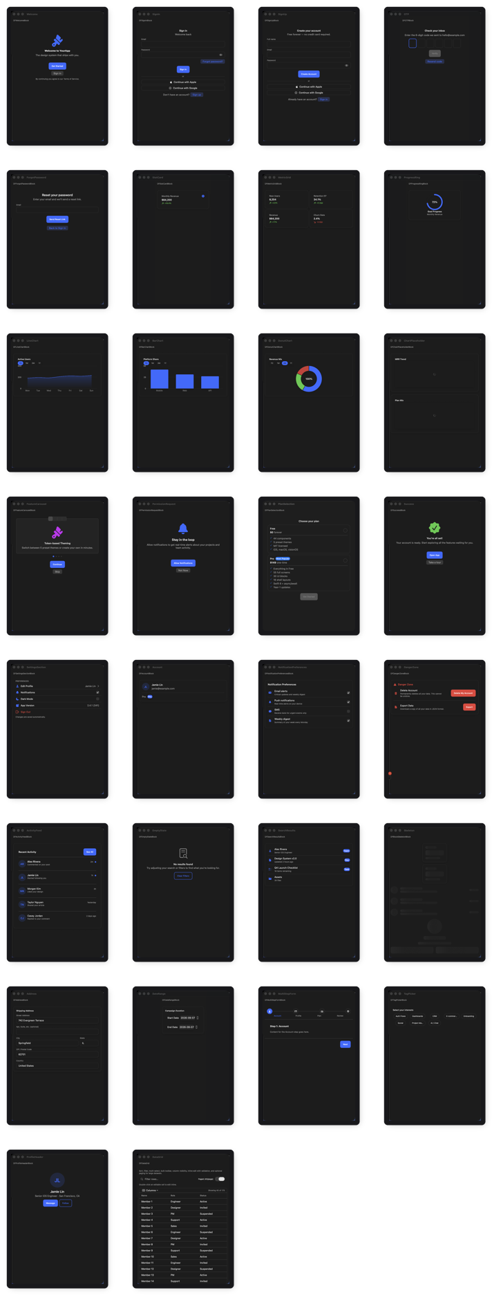 A strip of DesignFoundation Pro UI blocks — sign-in, stat cards, charts, and plan selection