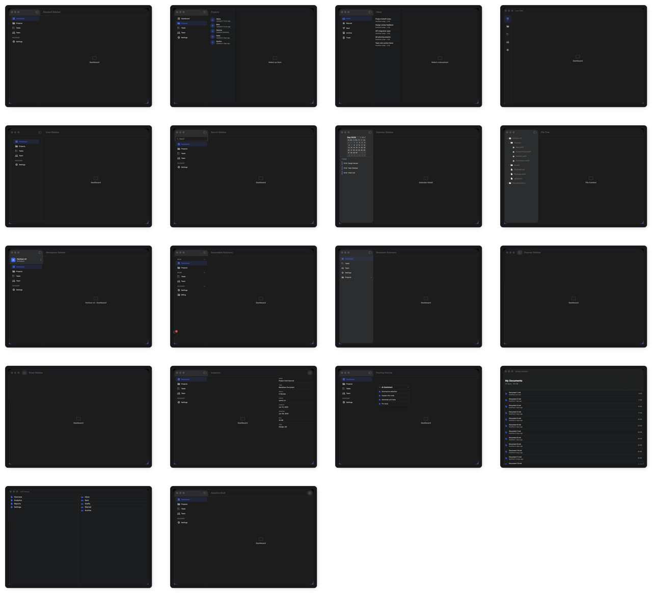 A strip of DesignFoundation Pro navigation shell layouts