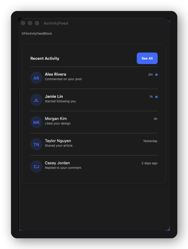 DFActivityFeedBlock — scrollable activity feed with section headers