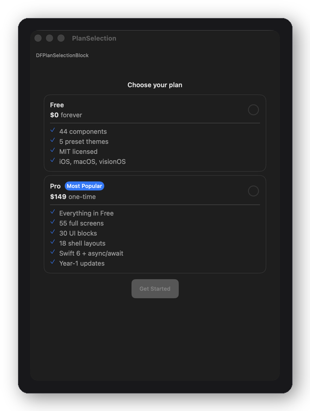 DFPlanSelectionBlock — pricing plan cards with recommended plan