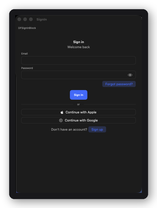 DFSignInBlock — email, password, and social sign-in