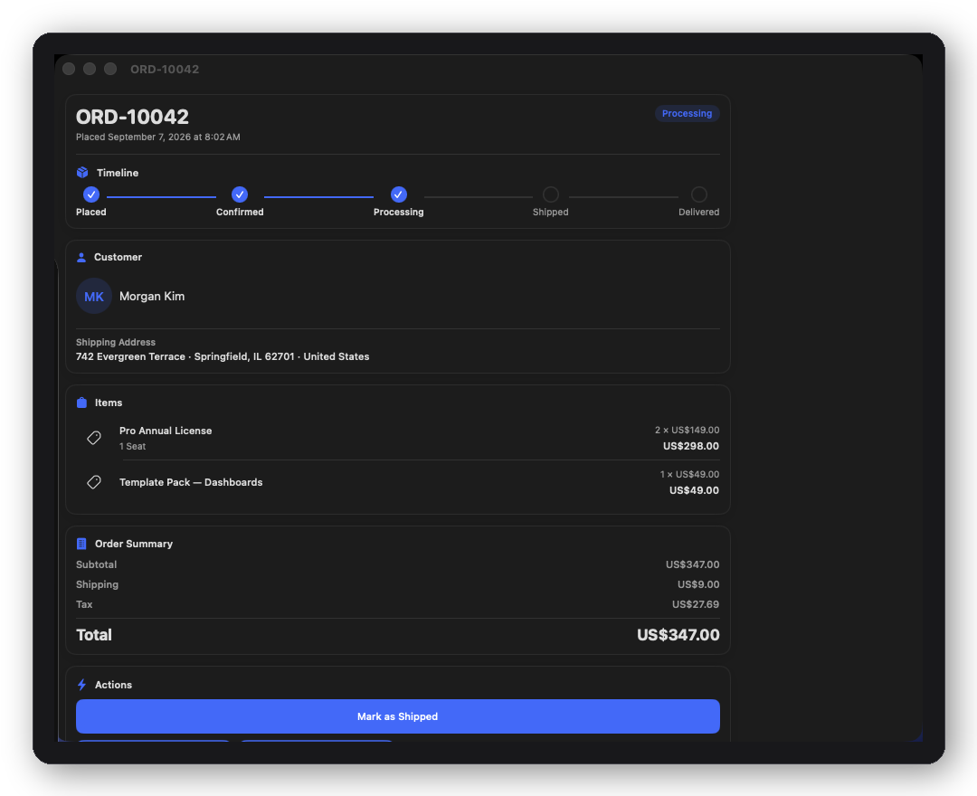 DFEcommerceOrderDetailScreen — line items and fulfillment timeline