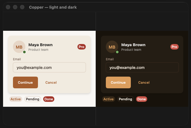 Copper preset — light and dark